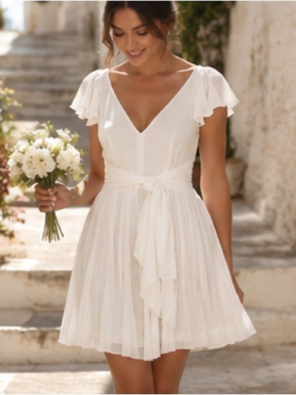 cinq a sept White Pleated Mini Dress with Tie Waist - Picture 8 of 10